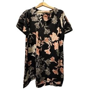 Nicole Miller Original Black Floral Print Short Sleeve Dress Size XL Linen Blend